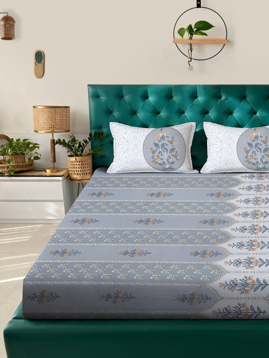 Klotthe Grey Floral 400 TC Pure Cotton Fitted Super King Double Bedsheet with 2 Pillow covers
