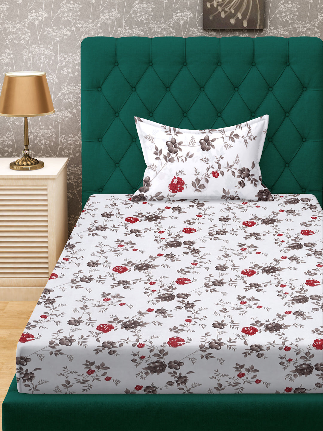 Klotthe White Floral 300 TC Cotton Blend Fitted Single Bedsheet Set in Book Fold Packing