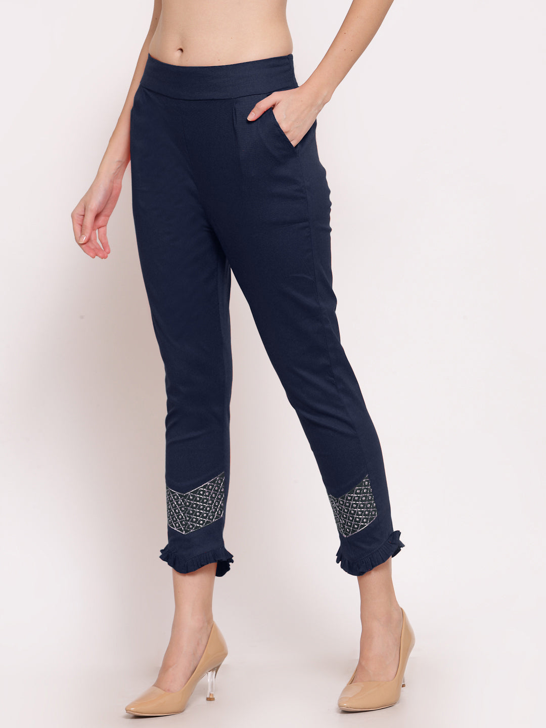 Klotthe Women Navy Blue Solid Slim Fit Trouser