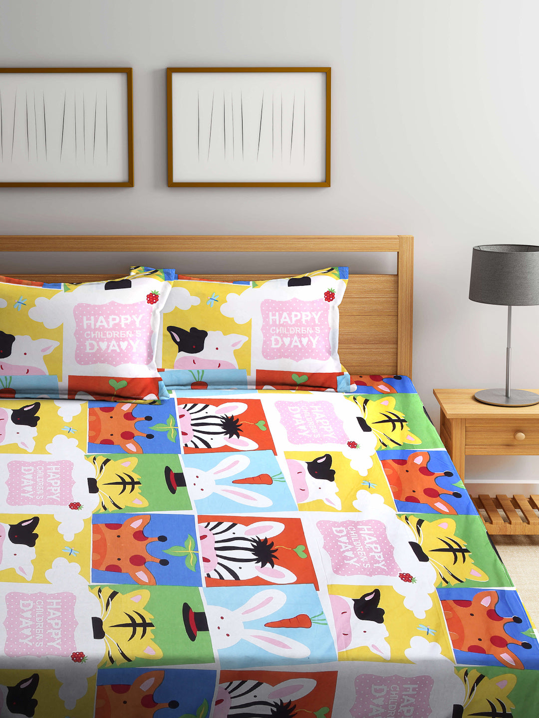 Klotthe Multicolor Cartoon Print Cotton Blend Elasticated Double BedSheet With 2 Pillow Covers