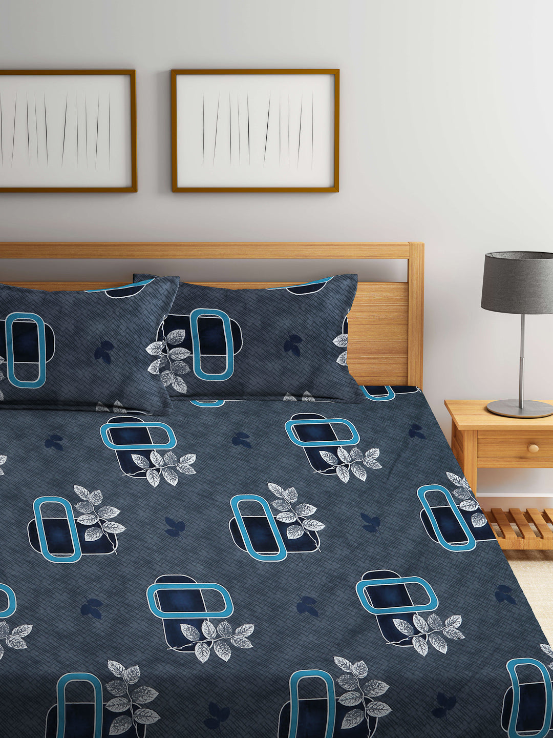 Klotthe Blue Floral 300 TC Cotton Blend Elasticated Super King Double Bedsheet with 2 Pillow covers (270X270 cm)