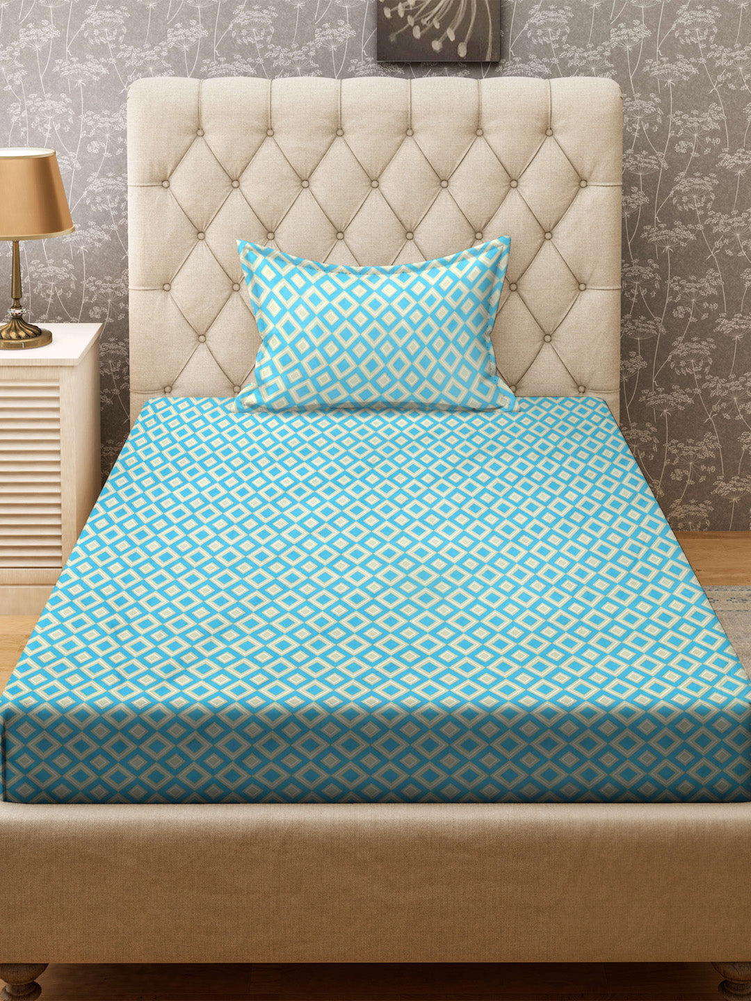 Klotthe Turquoise Geometric 300 TC Cotton Blend Fitted Single Bedsheet with Pillow Cover