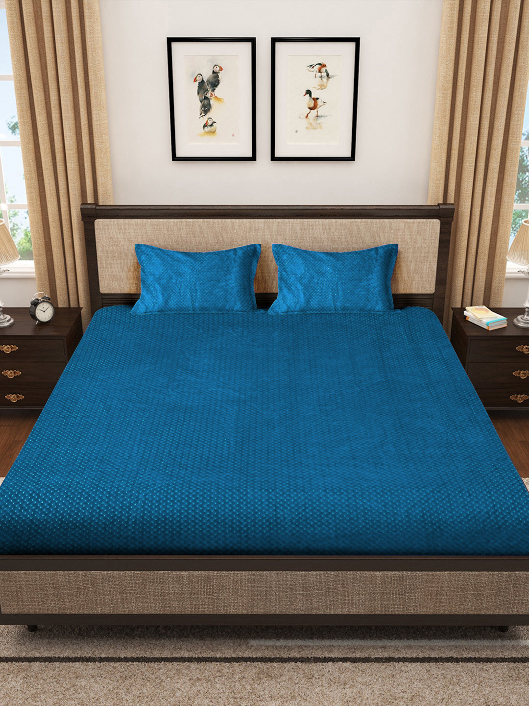 Klotthe Blue Abstract Woolen Fitted Double Bed Sheet with 2 Pillow Covers