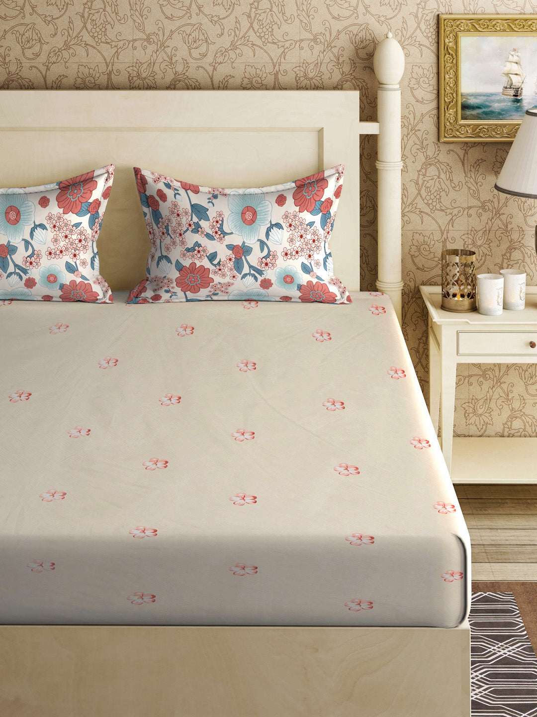 Klotthe Beige Floral 300 TC Cotton Blend Fitted Double Bedsheet with 2 Pillow Covers