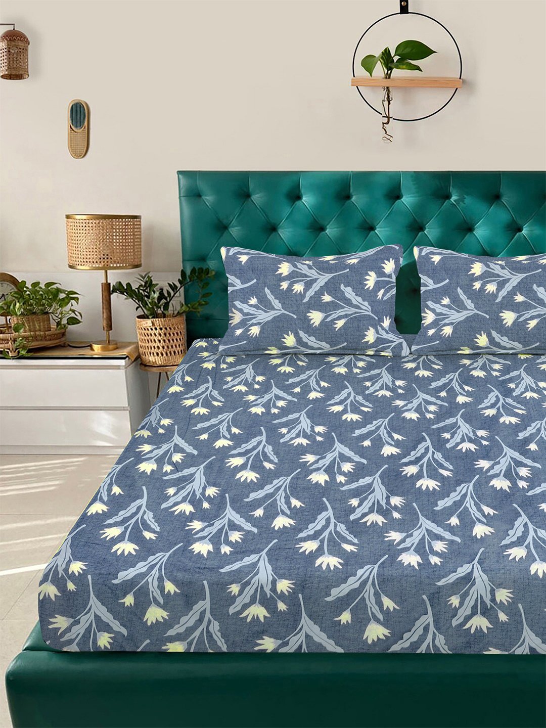 Blue Floral 300 TC Cotton Blend Fitted Double Bedsheet with 2 Pillow Covers