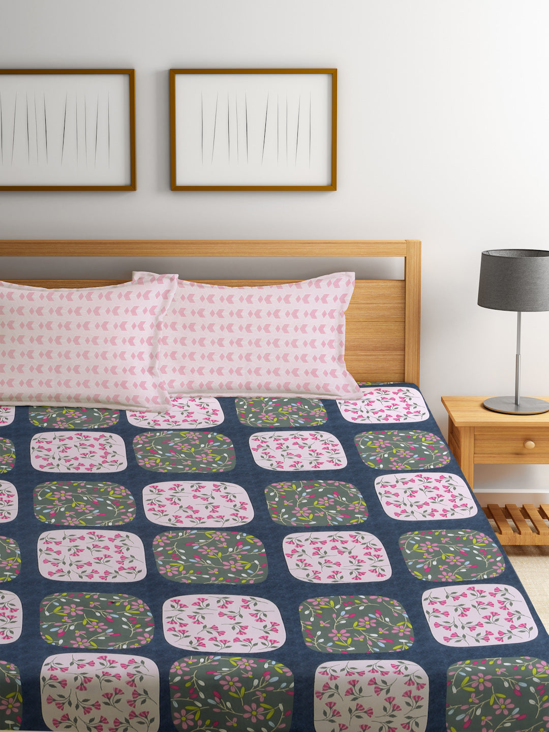 Klotthe Multicolor Floral 300 TC Cotton Blend Fitted Double Bedsheet with 2 Pillow Covers