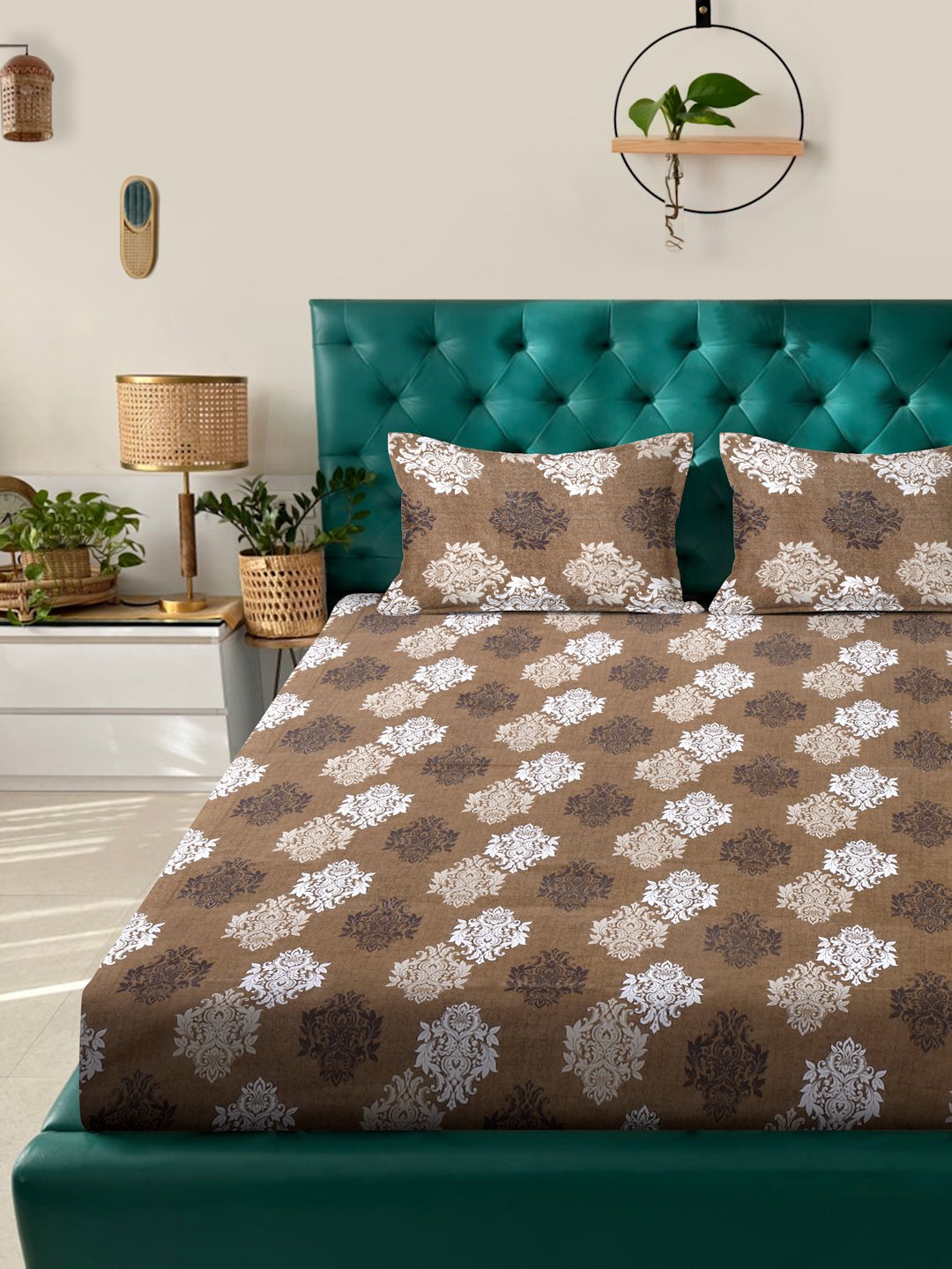 Brown Floral 400 TC Pure Cotton Fitted Double Bedsheet with 2 Pillow Covers