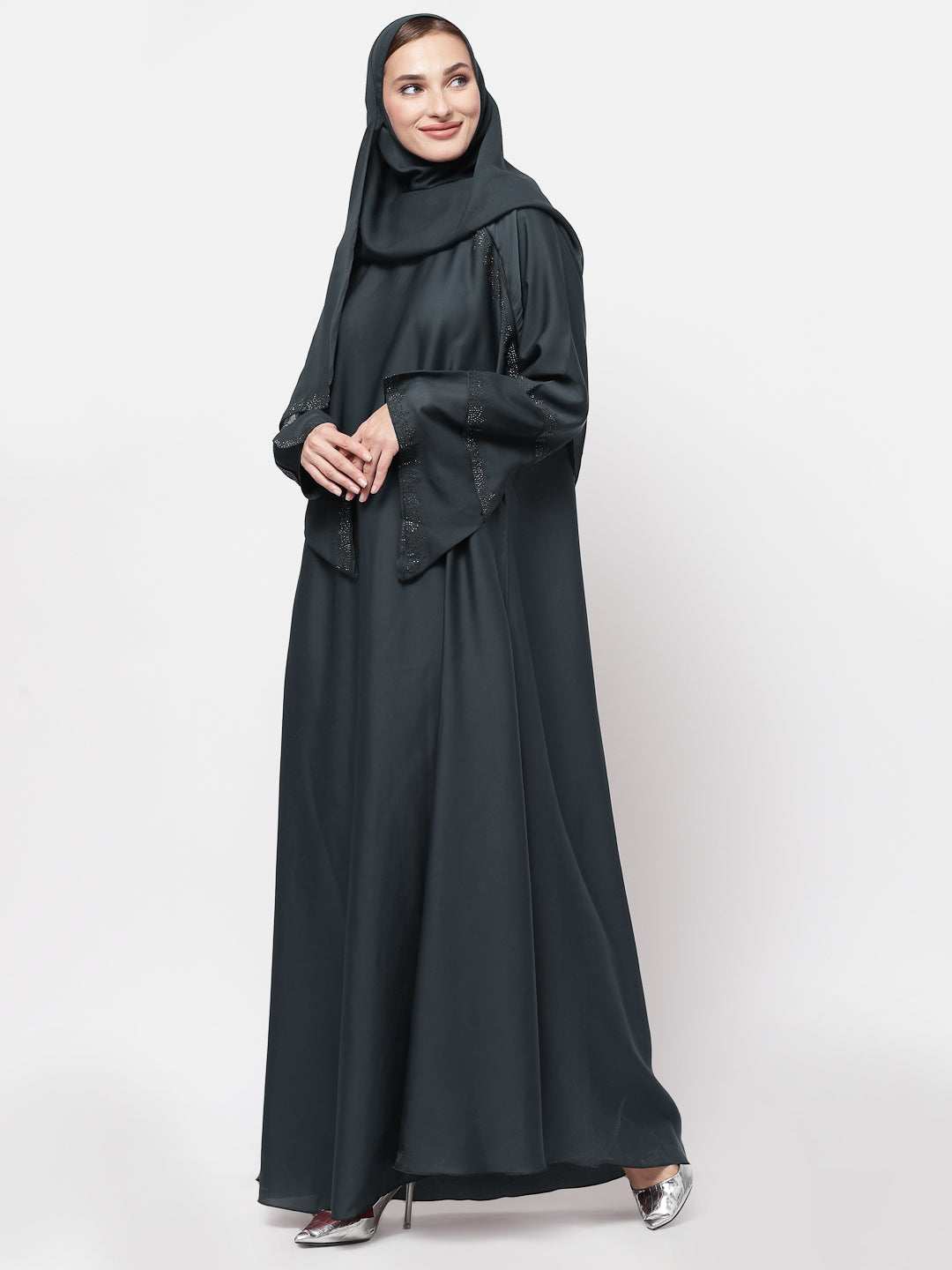 Klotthe Women Grey Embellished Burqa With Scarves