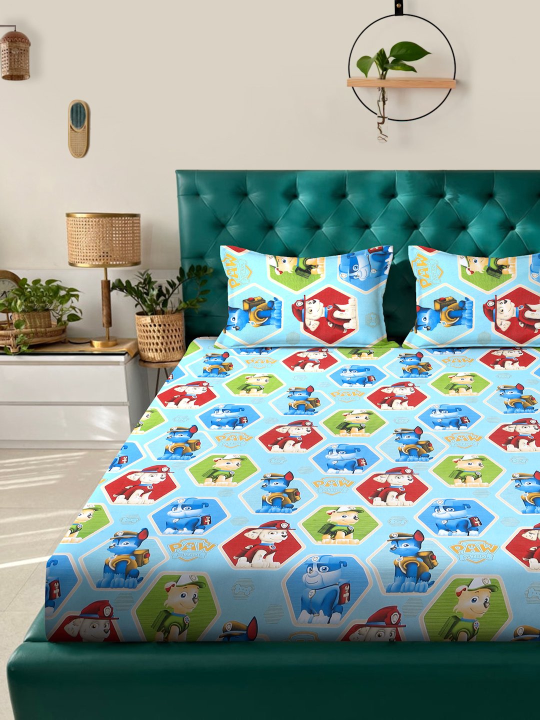 Blue Cartoon Characters 400 TC Pure Cotton Fitted Double Bedsheet with 2 Pillow Covers