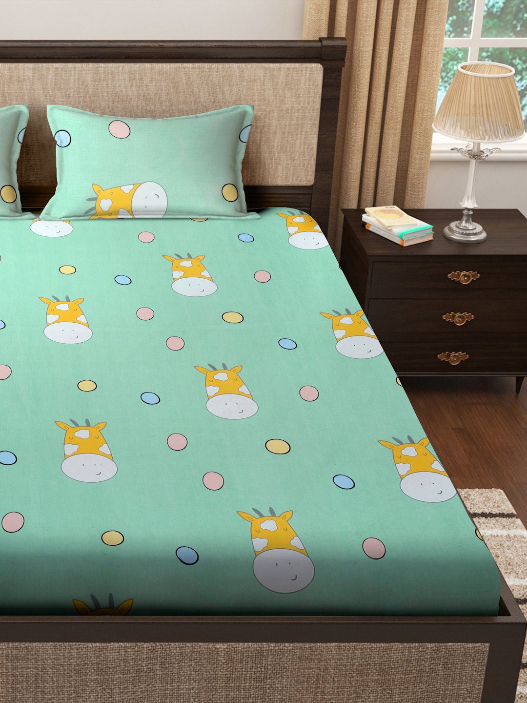 Klotthe Multicolor Cartoon Characters 300 TC Cotton Blend Fitted Double Bedsheet with 2 Pillow covers