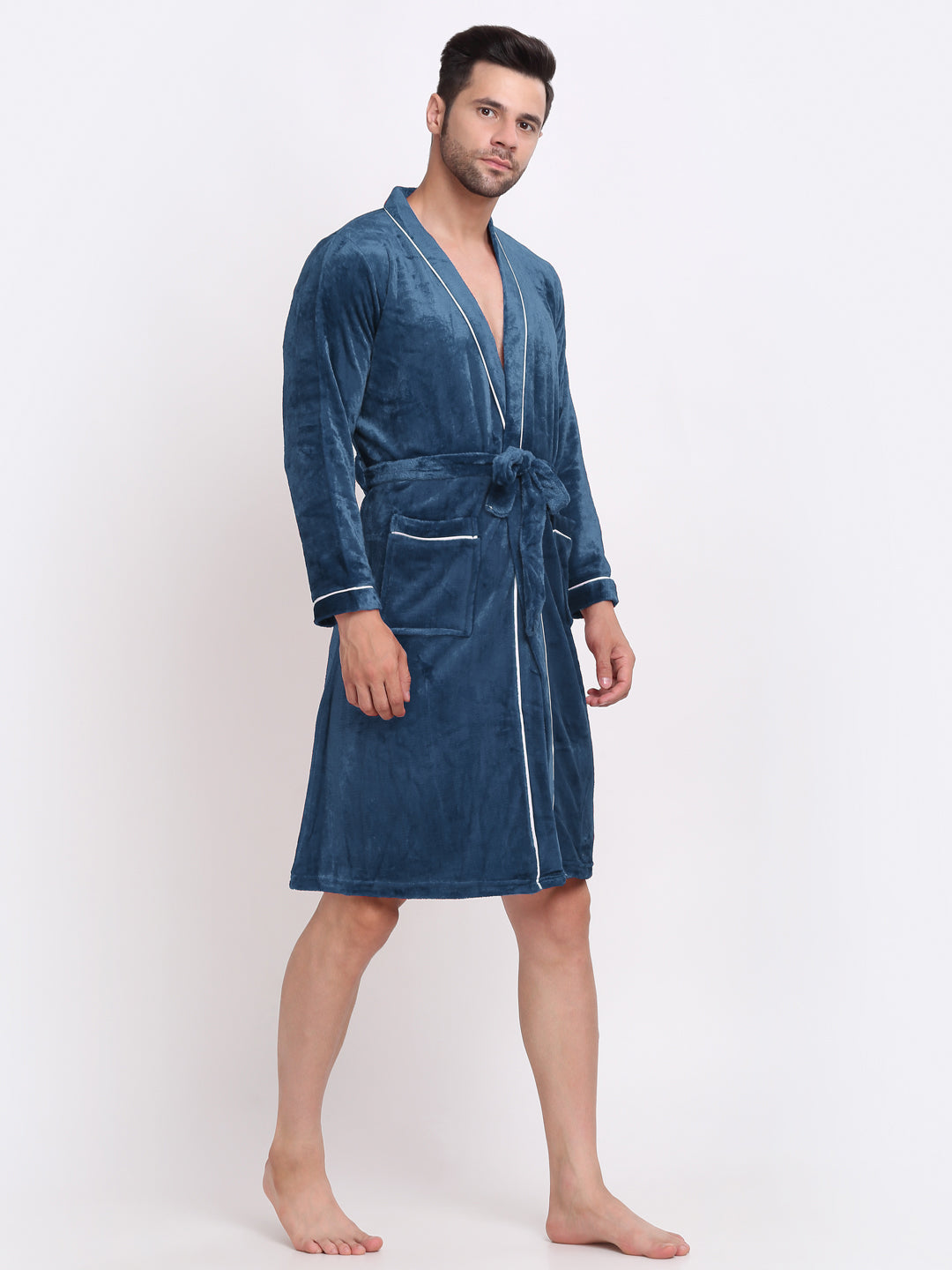 Klotthe Men Turquoise Solid Wool Bath Robe With Belt
