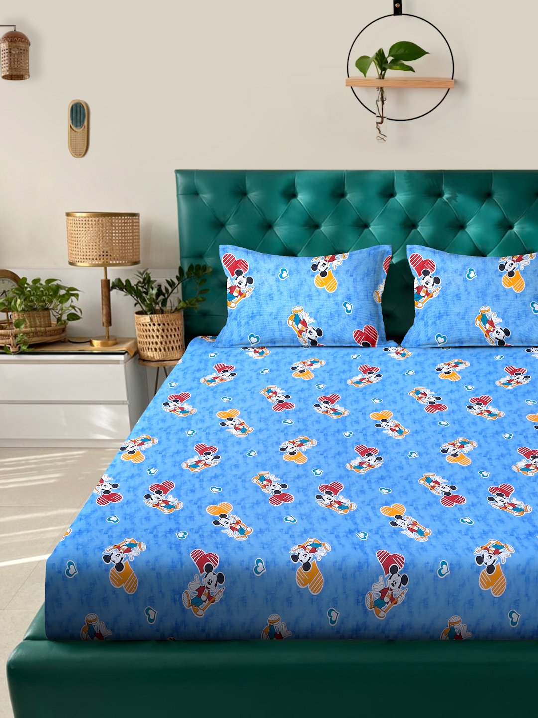Blue Cartoon Characters 400 TC Pure Cotton Fitted Double Bedsheet with 2 Pillow Covers