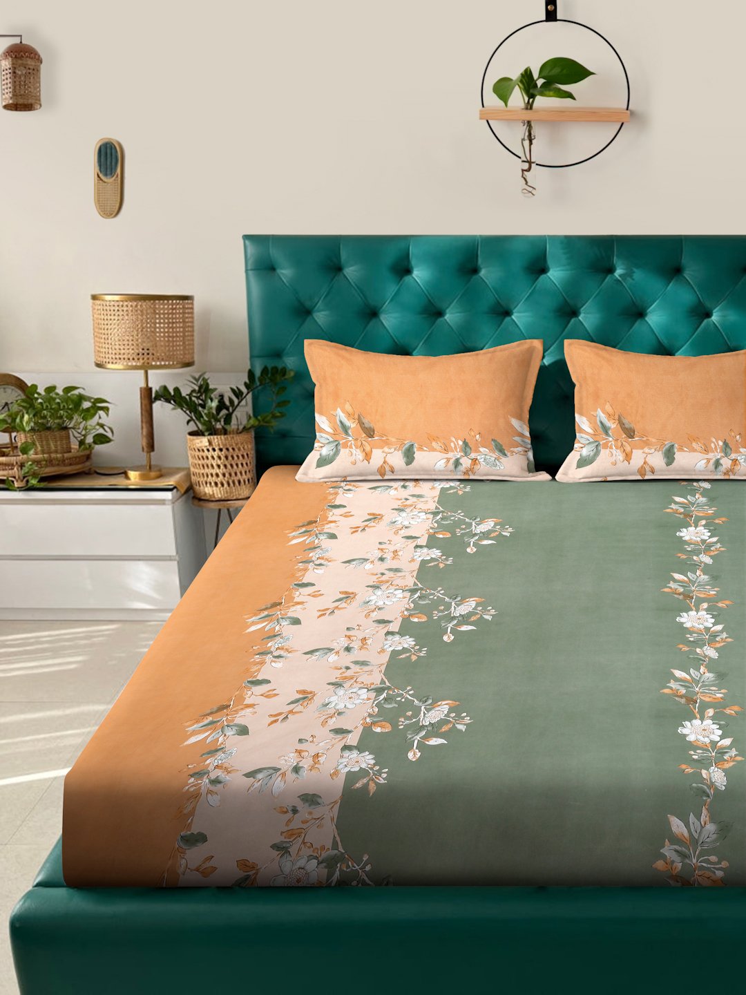 Green Floral 300 TC Cotton Blend Fitted Double Bedsheet with 2 Pillow Covers
