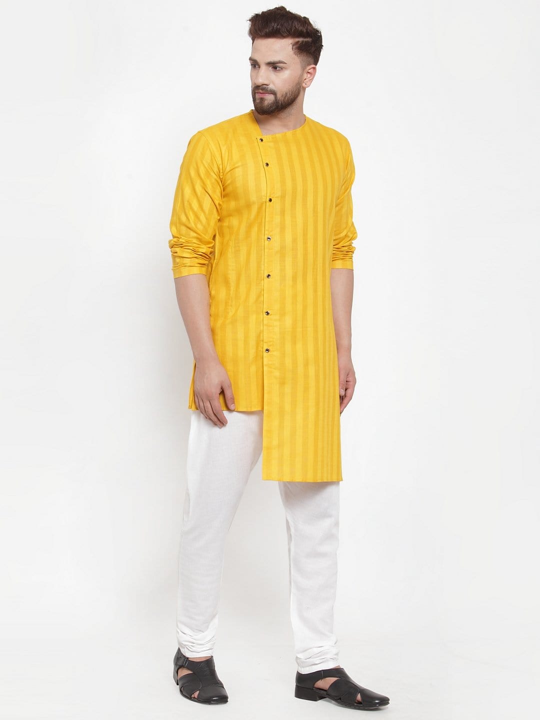 Yellow Cotton Striped Party Kurtas