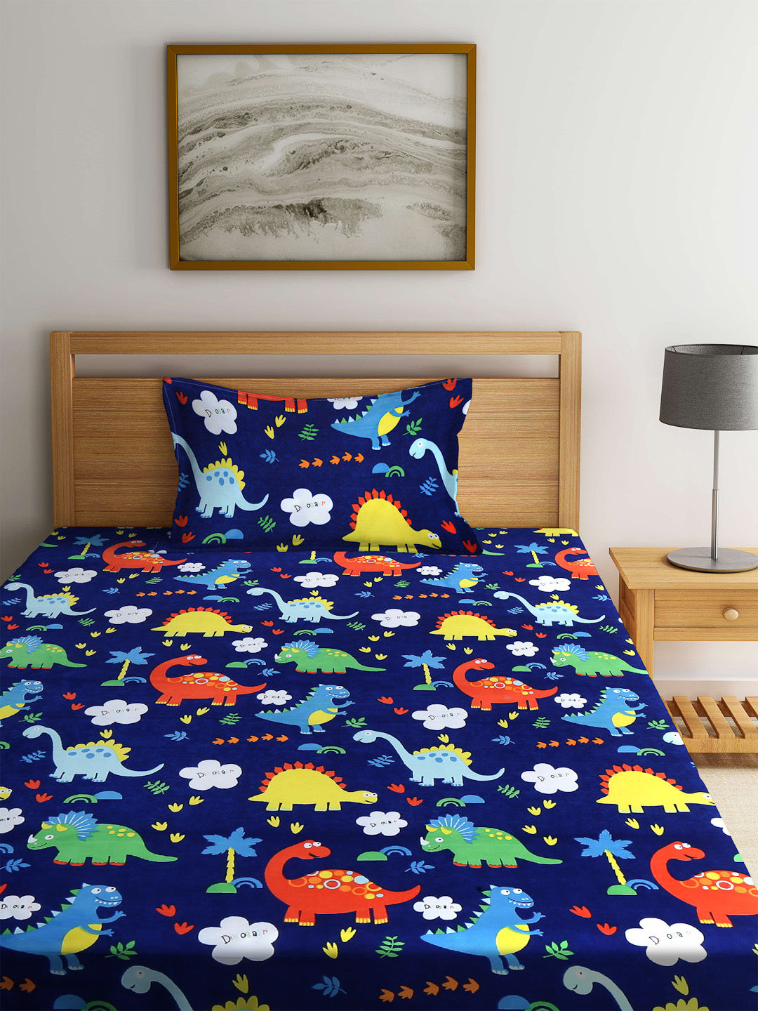 Klotthe Blue Kids Print Cotton Blend Single Bedsheet with Pillow cover