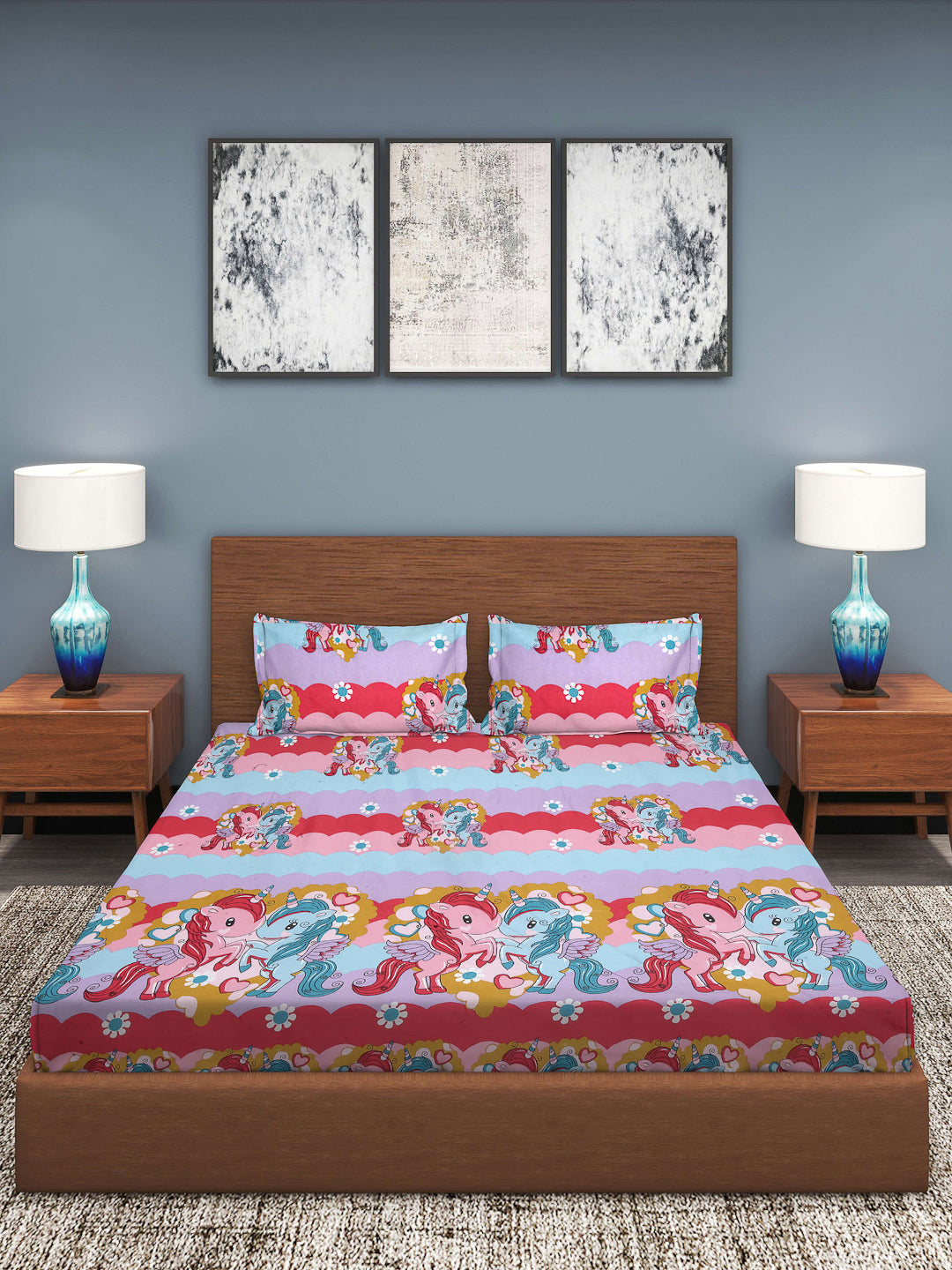 Klotthe MultiColor Cartoon Characters 210 TC Cotton Blend King Elasticated Double BedSheet with 2 Pillow Cover