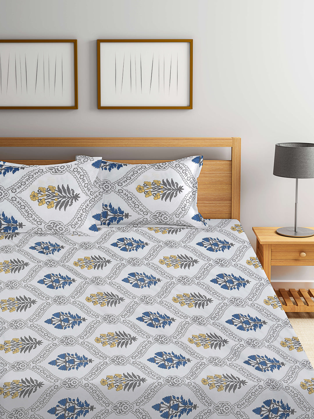 Klotthe Multicolor Floral 300 TC Cotton Blend Fitted Double Bedsheet with 2 Pillow Covers