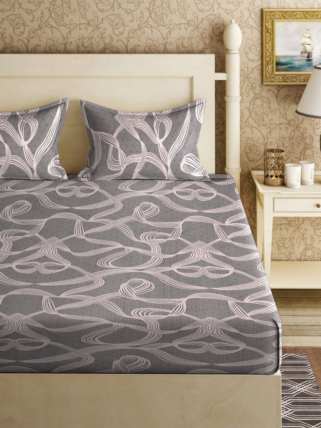 Klotthe Grey Abstract 300 TC Cotton Blend Fitted Double Bedsheet with 2 Pillow Covers