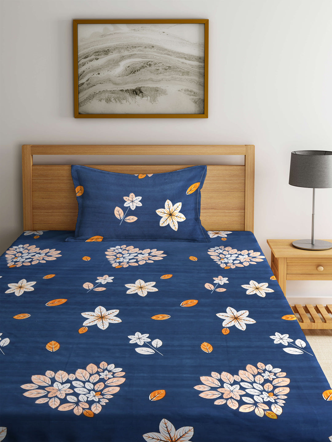 Klotthe Blue Floral Cotton Blend Single Bedsheet with Pillow cover