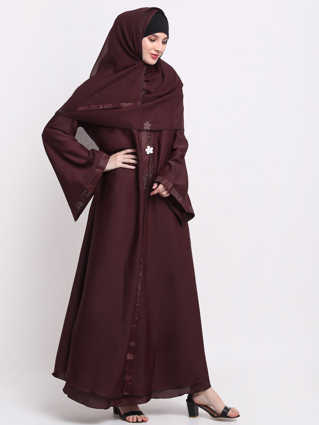 Klotthe Women Burgundy Embellished Burqa With Scarves