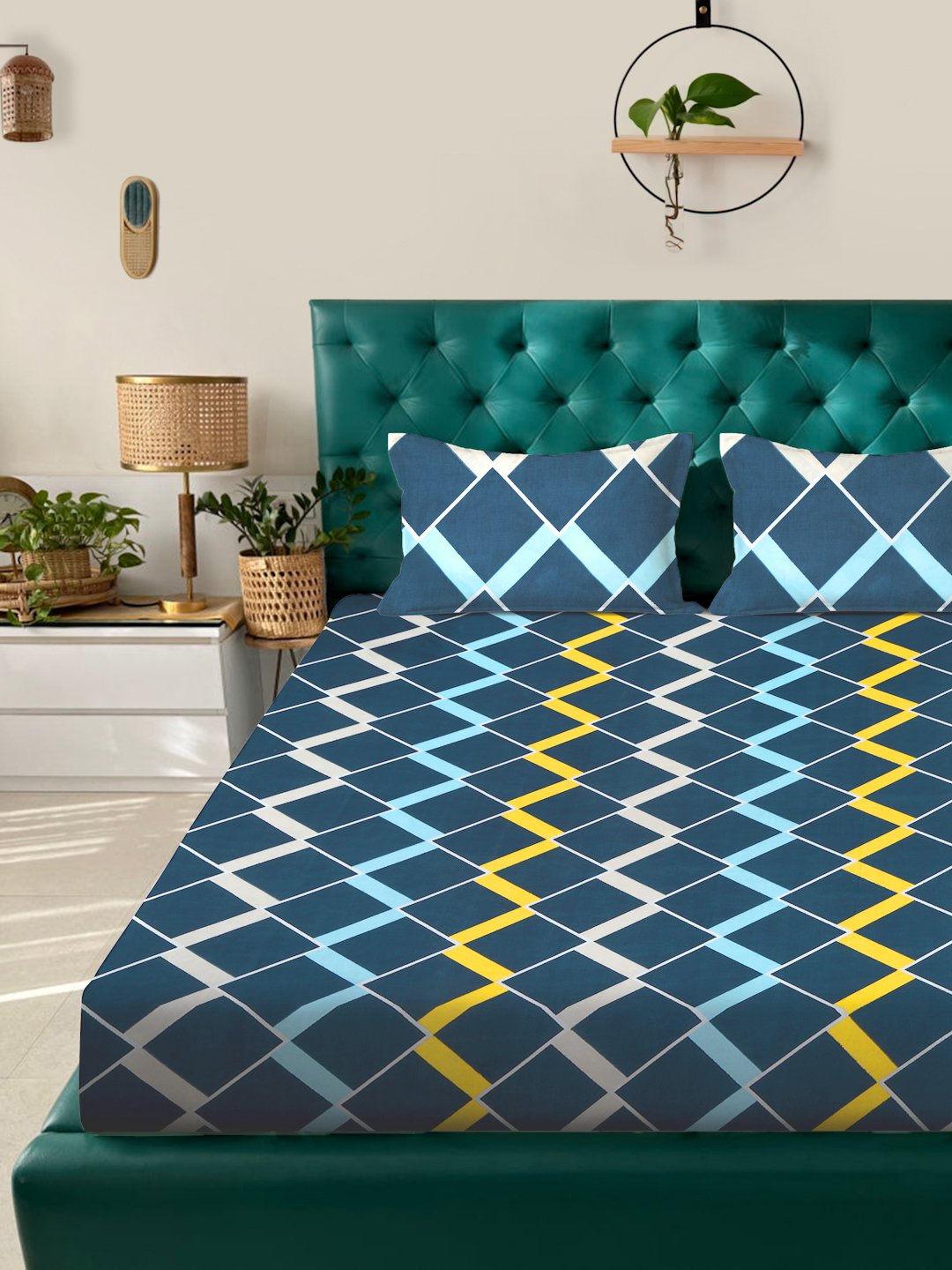 Blue Geometric 300 TC Cotton Blend Fitted Double Bedsheet with 2 Pillow Covers