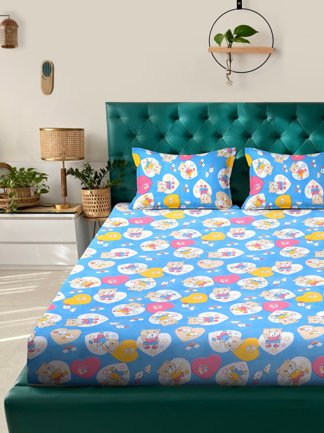 Blue Cartoon Characters 400 TC Pure Cotton Fitted Double Bedsheet with 2 Pillow Covers