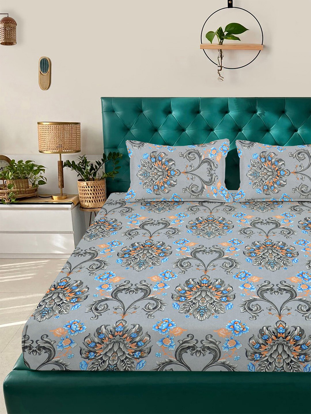 Grey Floral 300 TC Cotton Blend Fitted Double Bedsheet with 2 Pillow Covers