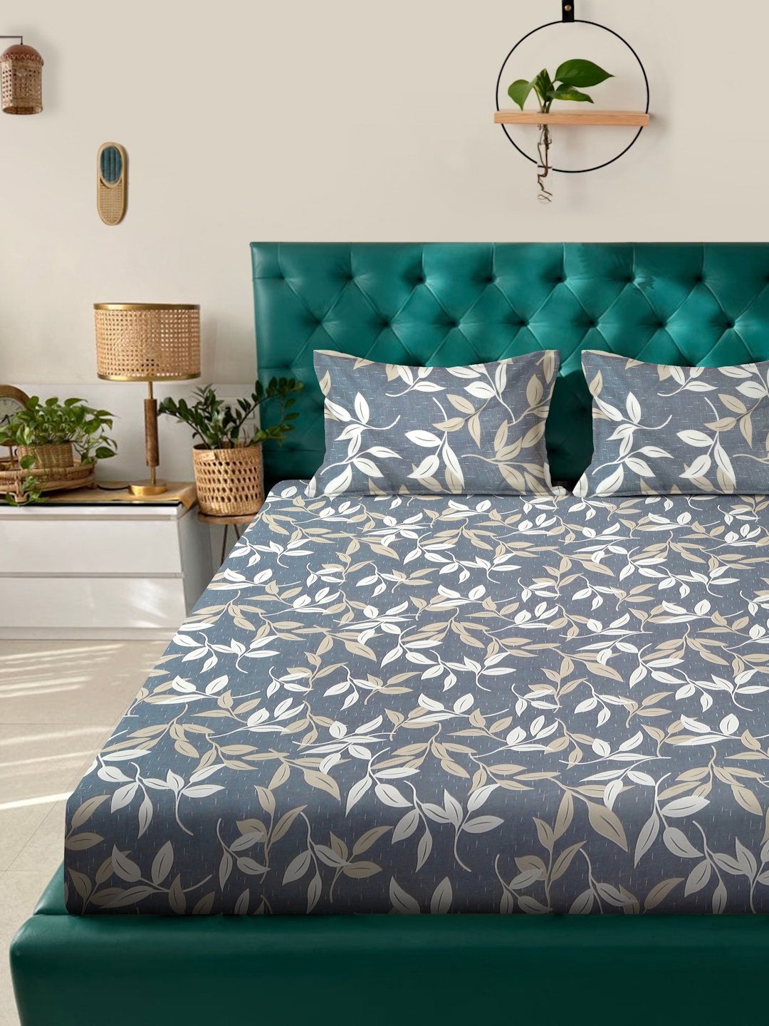 Grey Floral 300 TC Cotton Blend Fitted Double Bedsheet with 2 Pillow Covers