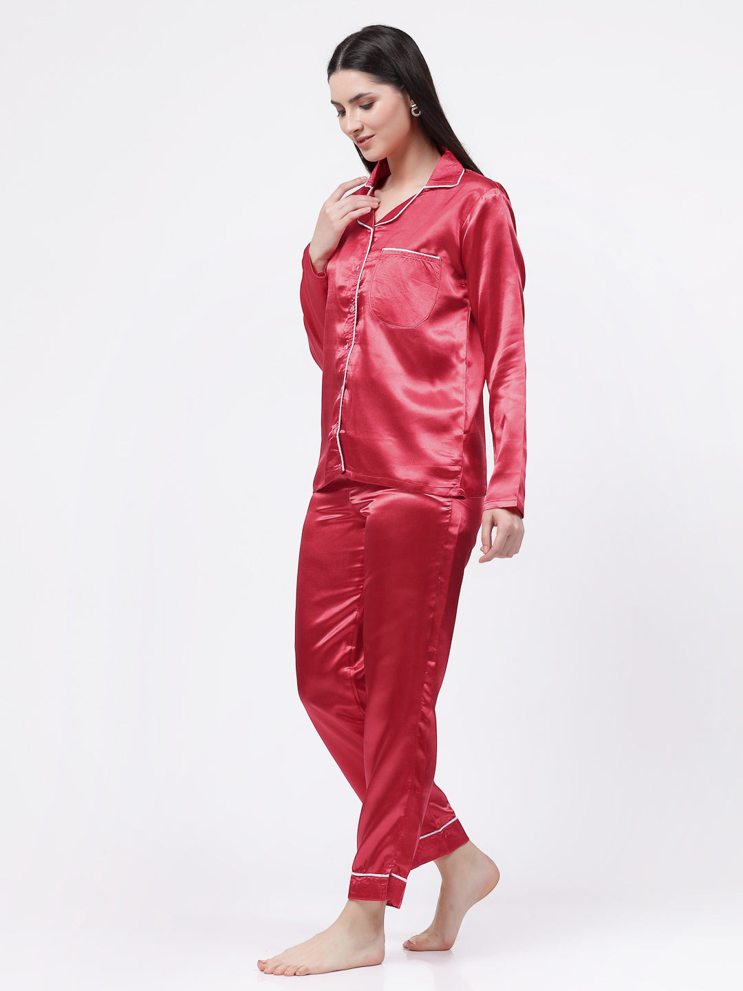Klotthe Women Red Solid Satin Night Suit by KLOTTHE
