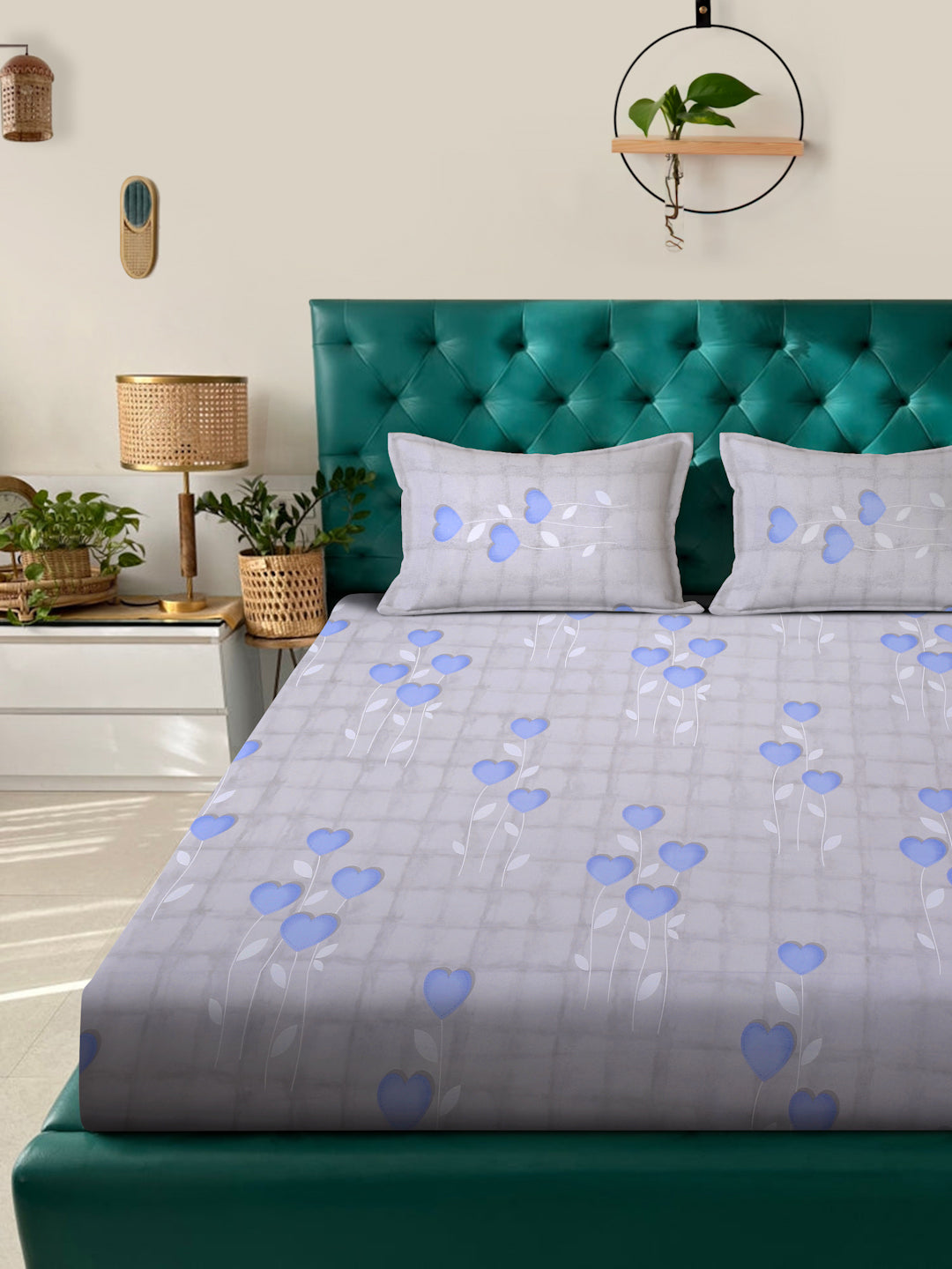 Klotthe Blue Floral 400 TC Pure Cotton Double Bedsheet with 2 Pillow Covers