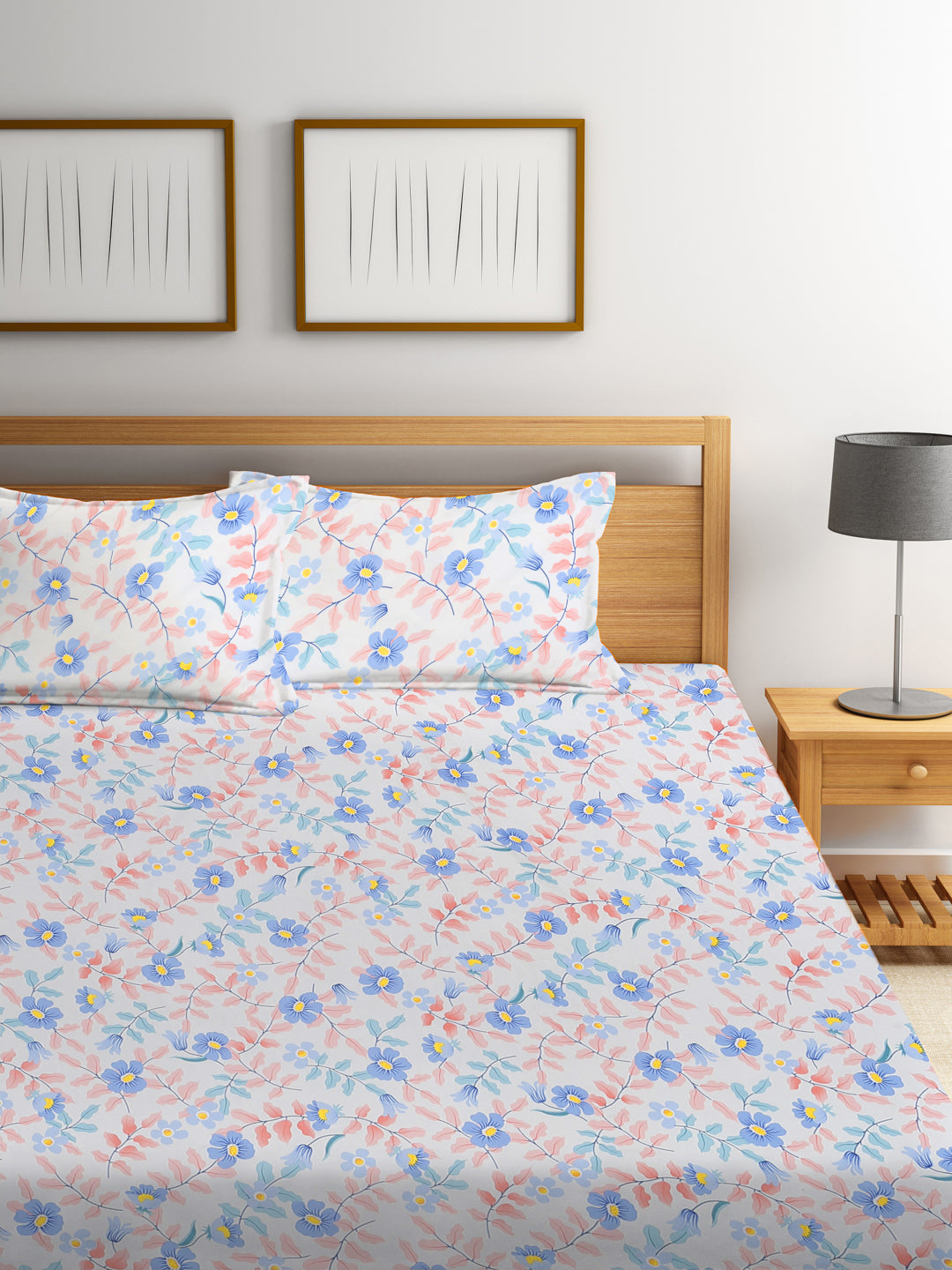 Klotthe Multi Floral 300 TC Cotton Blend Elasticated Double Bedsheet with 2 Pillow Covers
