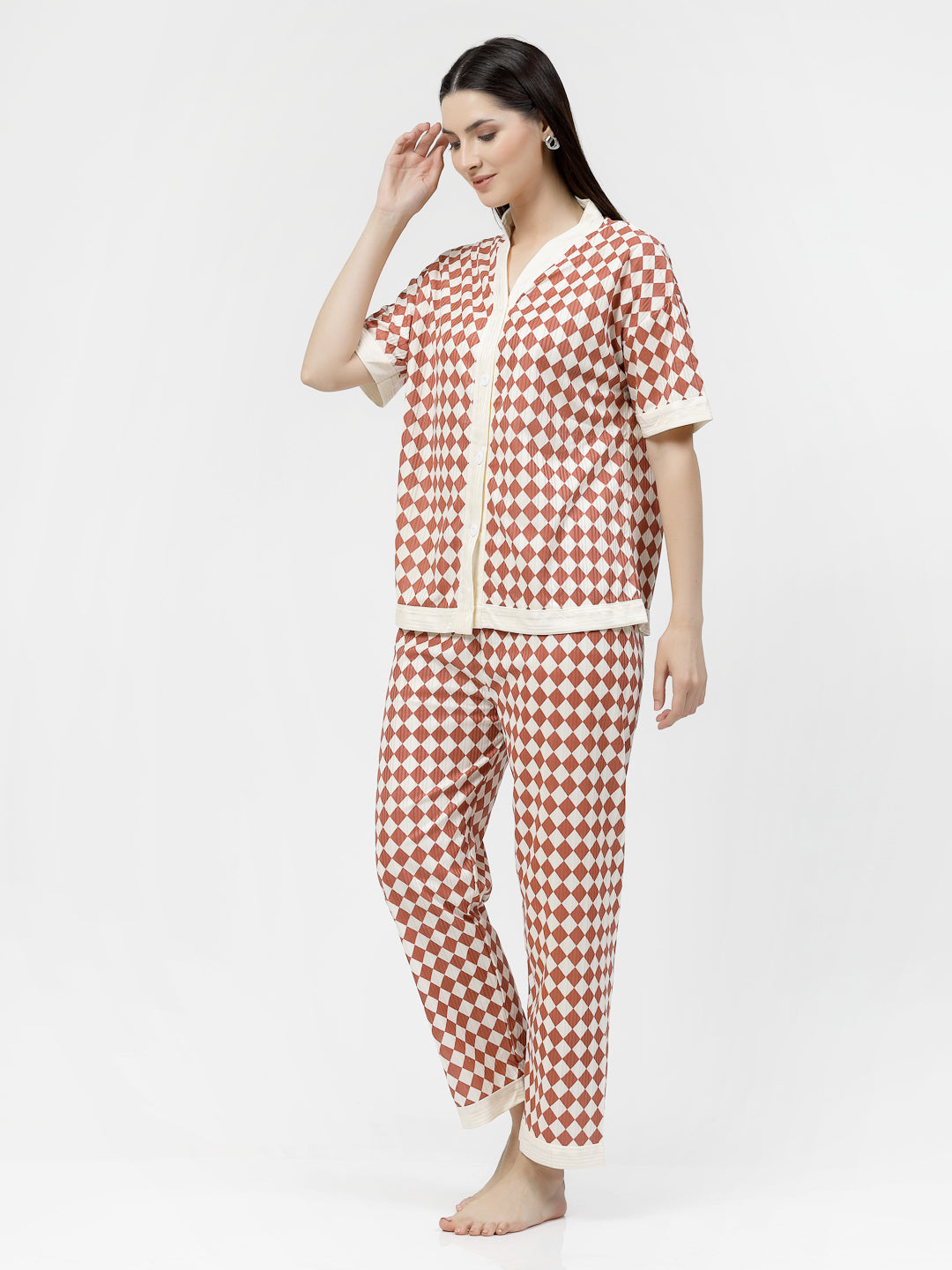 Klotthe Women Brown Geometric Satin Night Suit by KLOTTHE