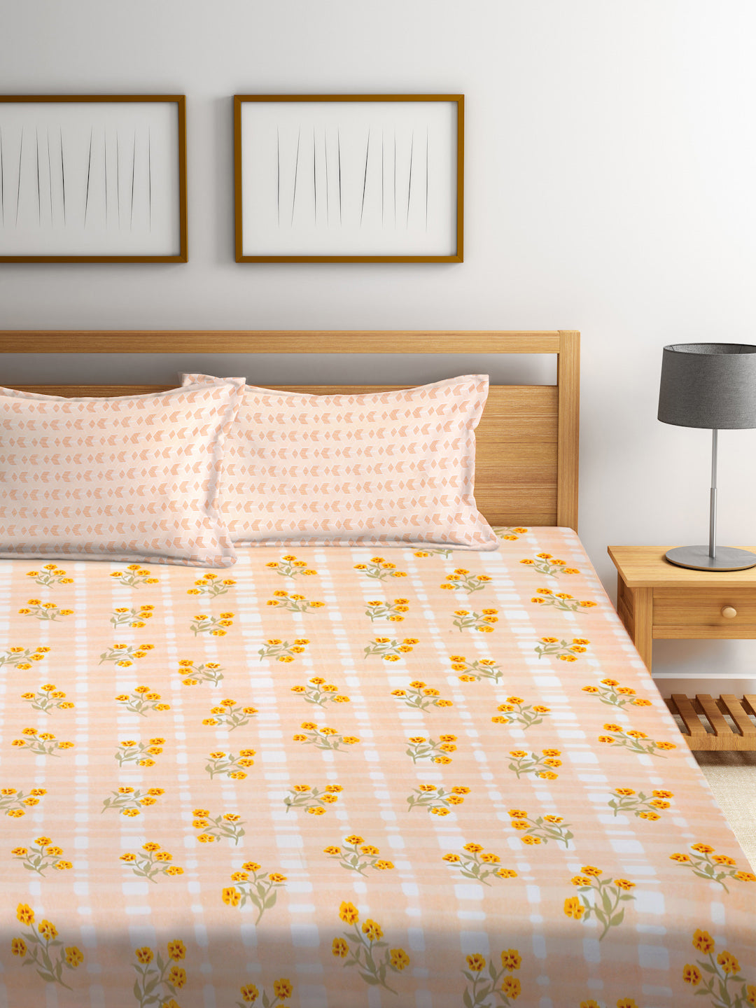 Klotthe Multicolor Floral 300 TC Cotton Blend Fitted Double Bedsheet with 2 Pillow Covers