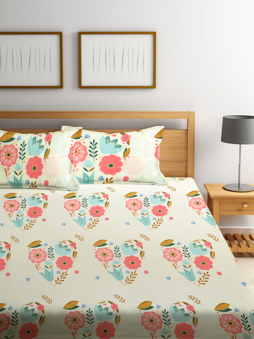 Klotthe MultiColor 210 TC Floral Cotton Blend Double Bed Sheet with 2 Pillow Covers