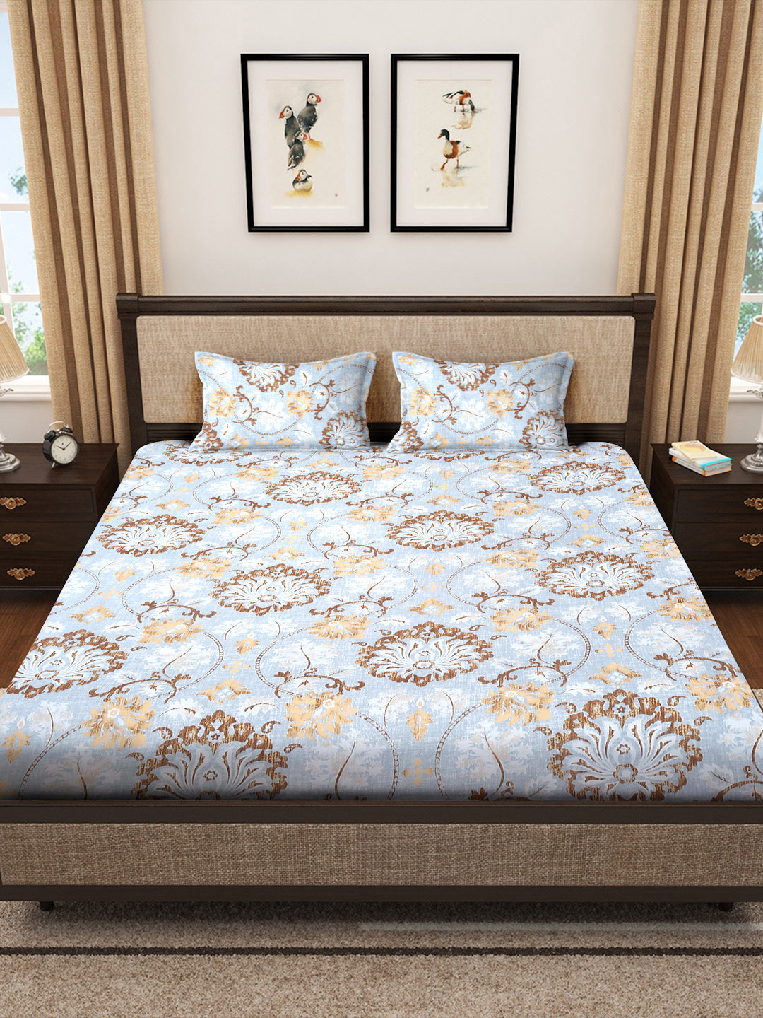 Klotthe Multicolor Floral 300 TC Cotton Blend Fitted Double Bedsheet with 2 Pillow Covers