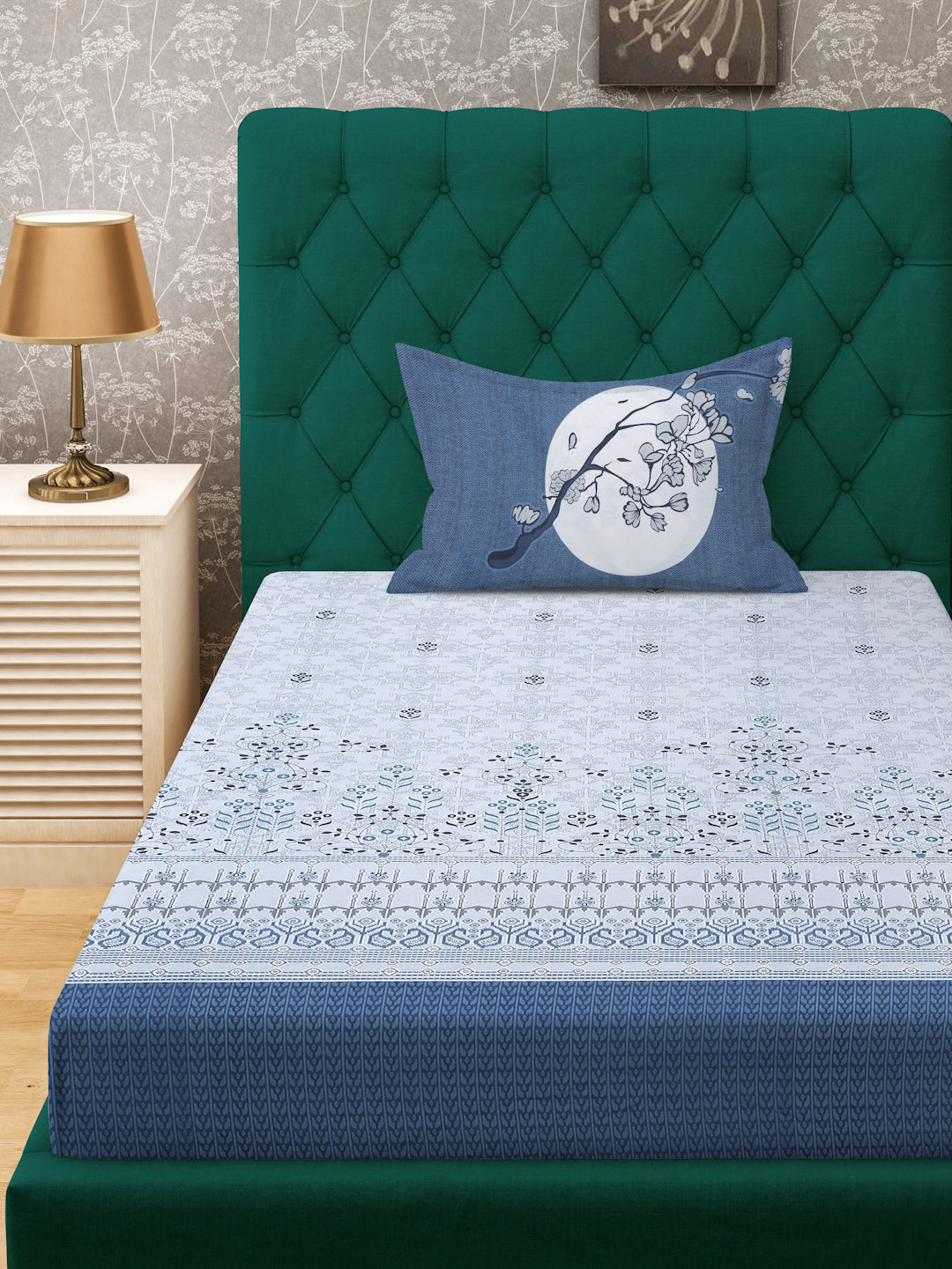 Klotthe Blue Floral 400 TC Pure Cotton Fitted Single Bedsheet with Pillow Cover