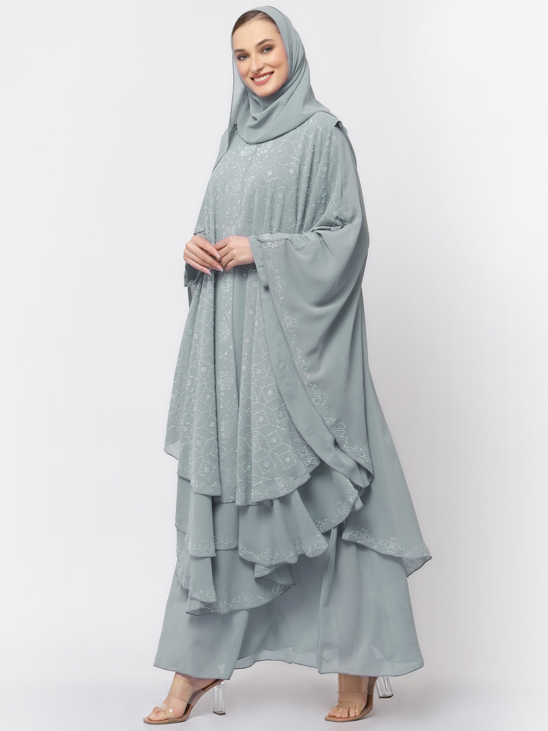 Klotthe Women Grey Embellished Burqa With Scarves