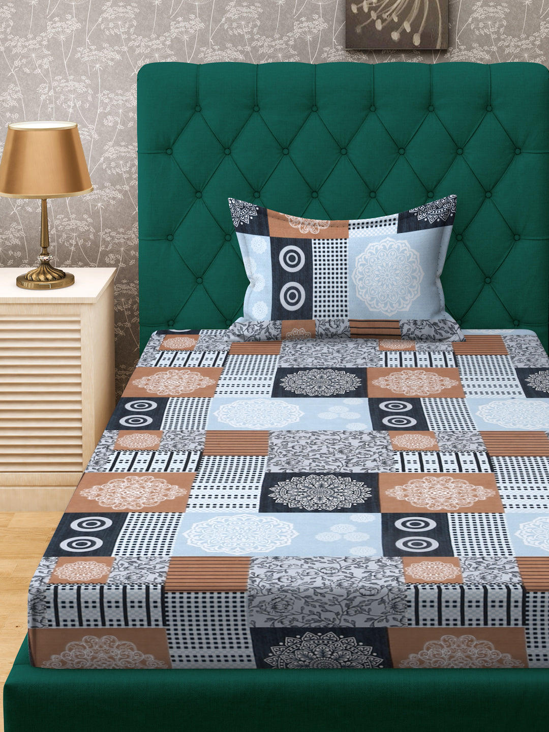 Klotthe SkyBlue Geometric 300 TC Cotton Blend Fitted Single Bedsheet Set in Book Fold Packing