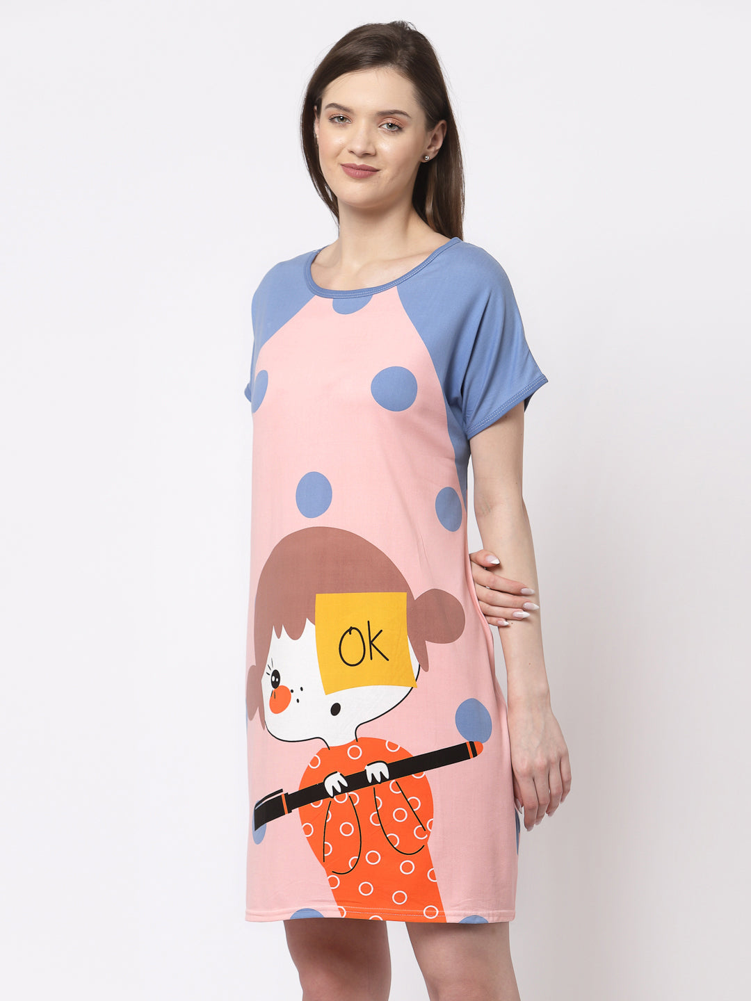 Klotthe Women MultiColor Cartoon Printed Cotton Blend Long Top