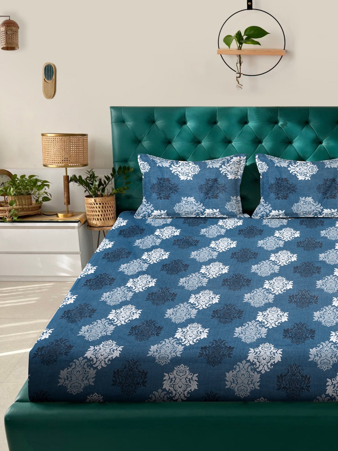 Blue Floral 400 TC Pure Cotton Fitted Double Bedsheet with 2 Pillow Covers