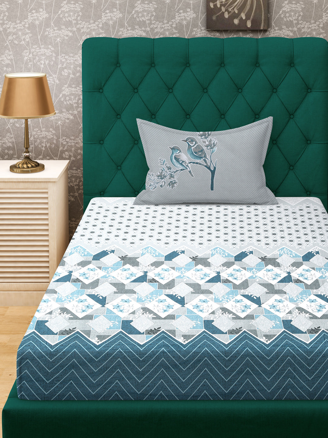 Klotthe Turquoise Geometric 400 TC Pure Cotton Fitted Single Bedsheet with Pillow Cover