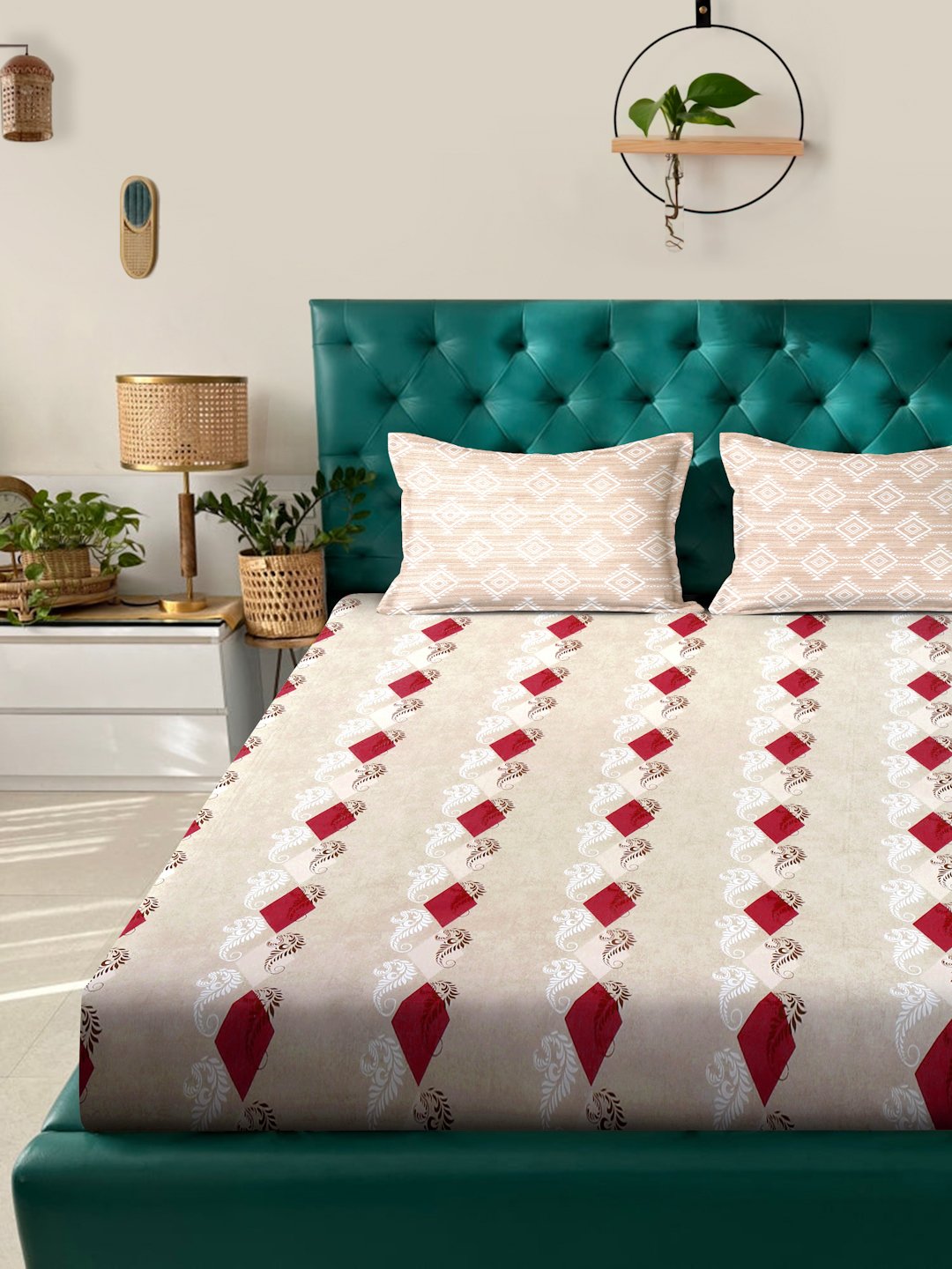 Beige Geometric 400 TC Pure Cotton Fitted Double Bedsheet with 2 Pillow Covers
