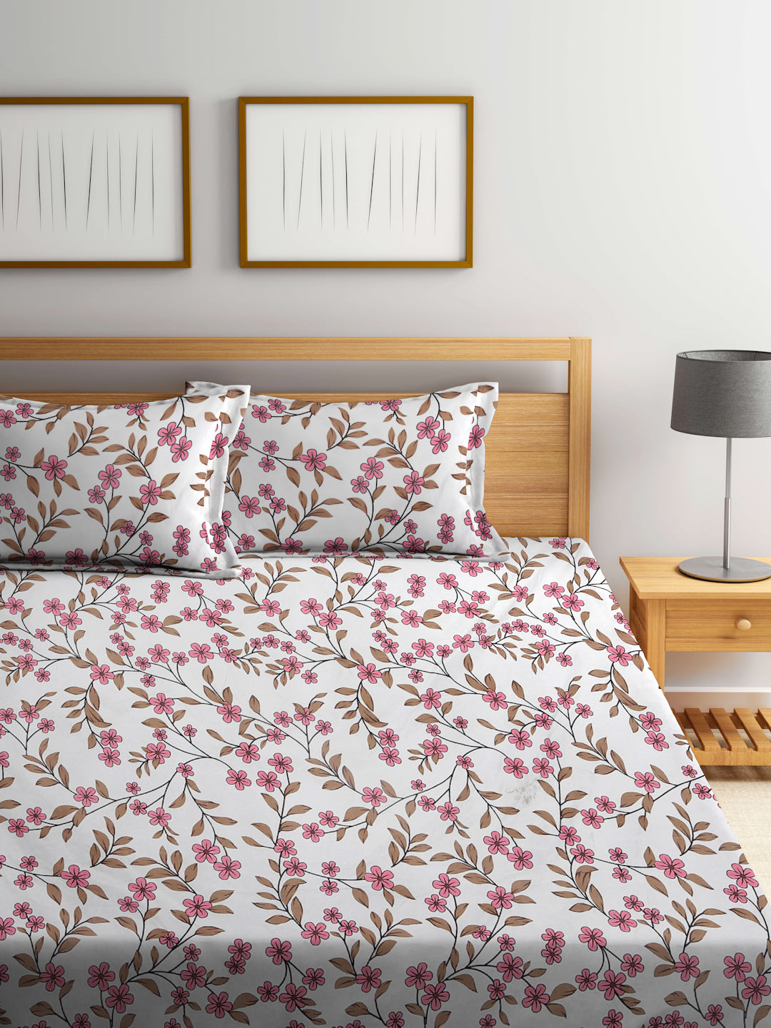 Klotthe Multicolor Floral 300 TC Cotton Blend Fitted Double Bedsheet with 2 Pillow Covers