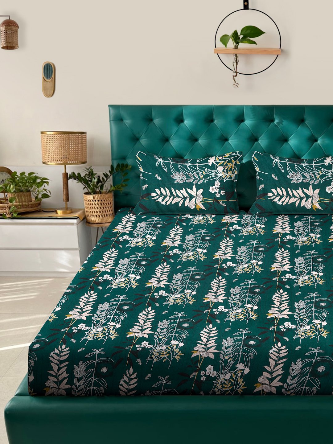 Green Floral 300 TC Cotton Blend Fitted Double Bedsheet with 2 Pillow Covers