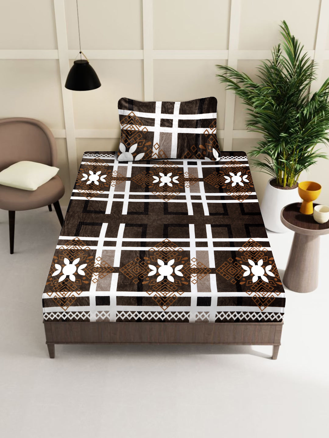 Klotthe Brown Floral Woolen Fitted Single Bed Sheet with Pillow Cover