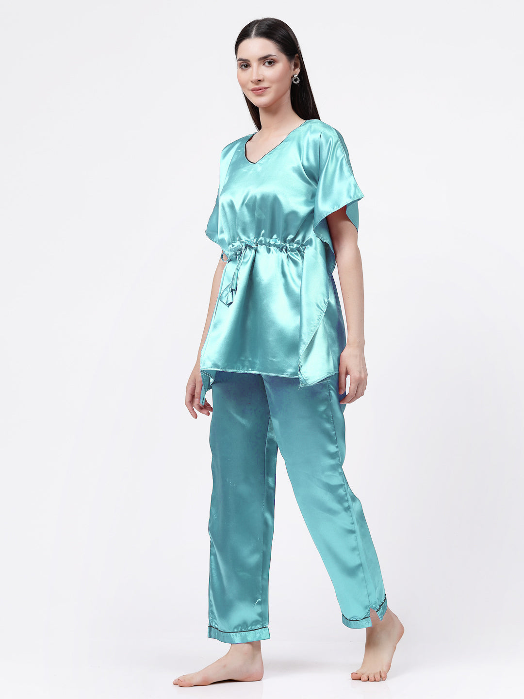 Klotthe Women Sky Blue Solid Satin Kaftan Night Suit by KLOTTHE