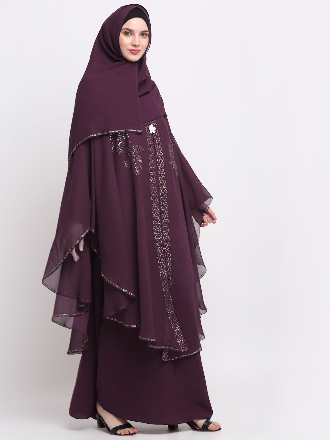 Klotthe Women Burgundy Embellished Burqa With Scarves