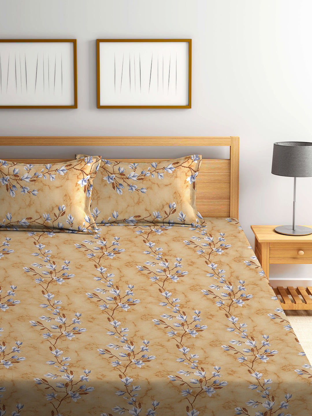 Klotthe Multicolor Floral 400 TC Pure Cotton Fitted Double Bedsheet with 2 Pillow Covers