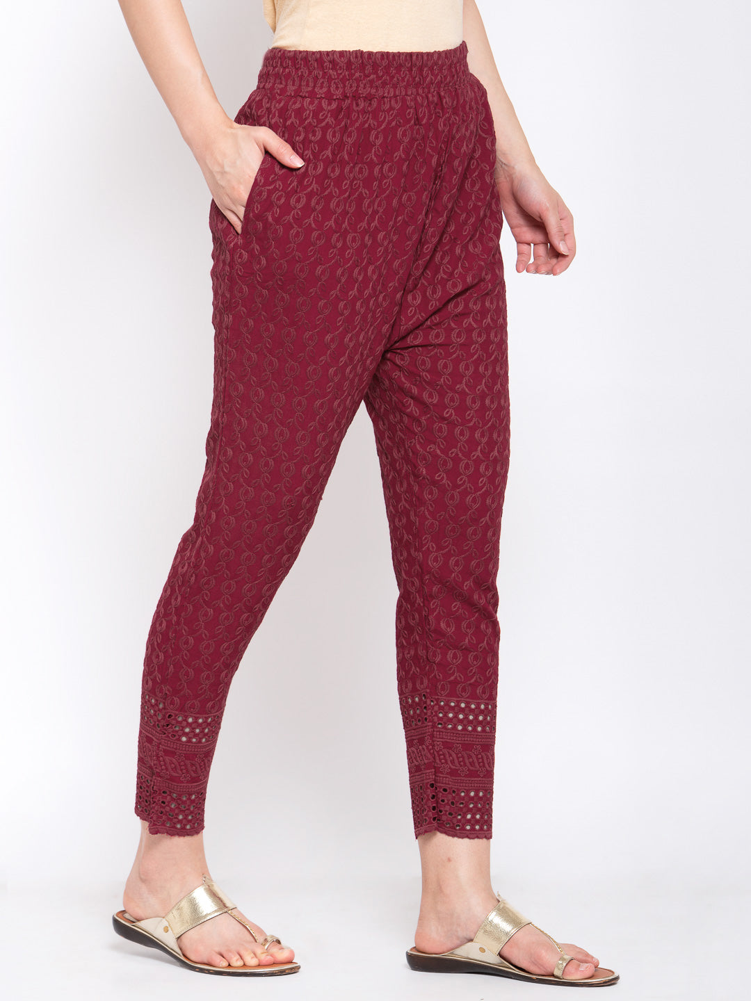 KLOTTHE Maroon Cotton Embroidered Trouser