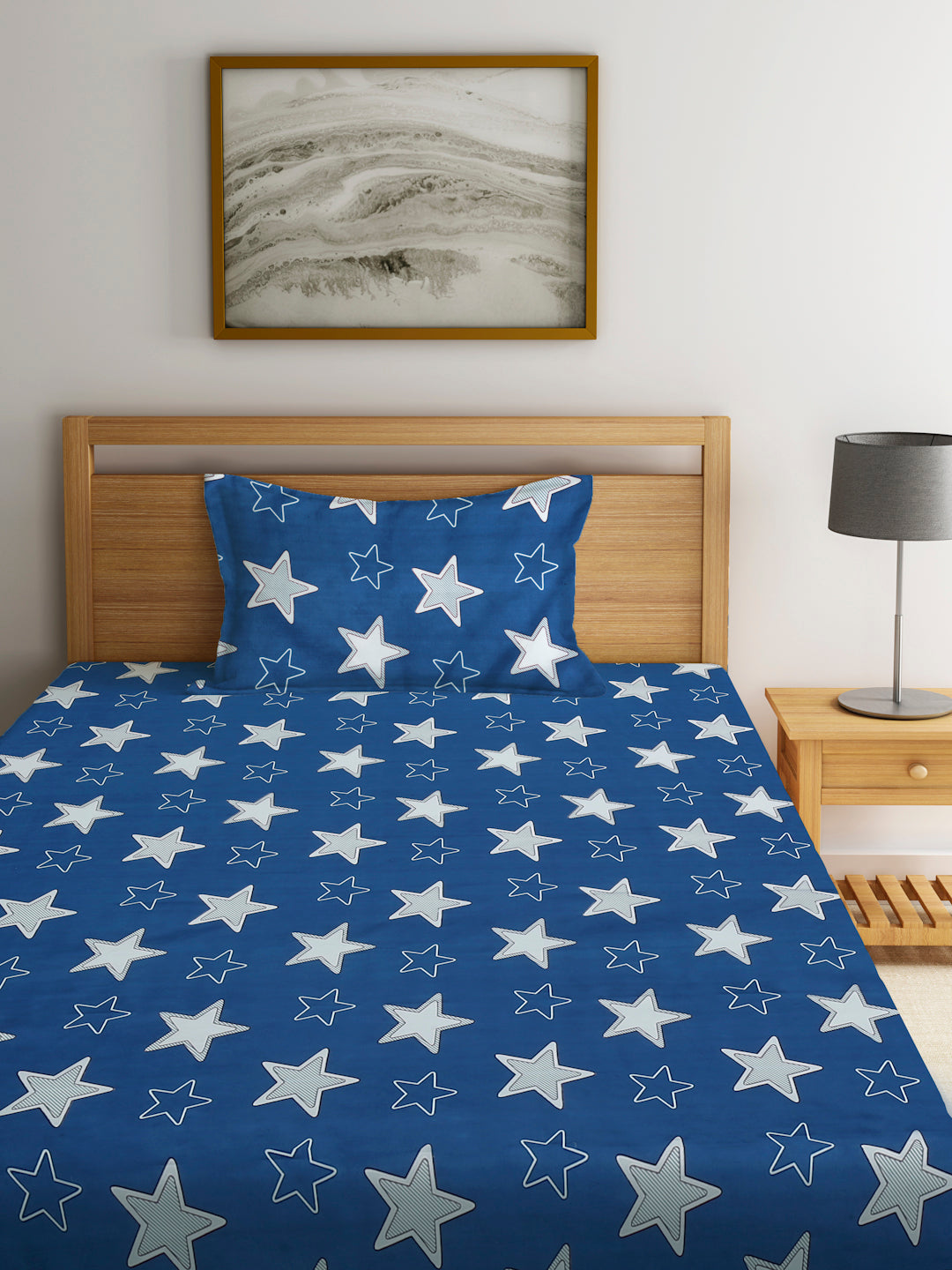 Klotthe Blue 210 TC Abstract Cotton Blend Single Bed Sheet with Pillow Cover